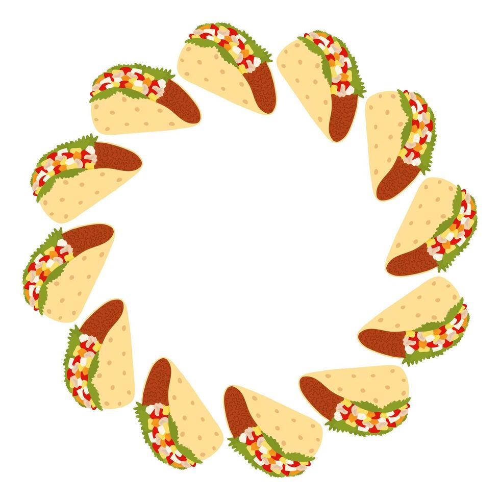 Taco with salsa sauce and meat Traditional Mexican fast food Round frame border template. Copy space. Isolated illustration Greeting cards poster, banner, brochure, greetings, tag, label or web vector