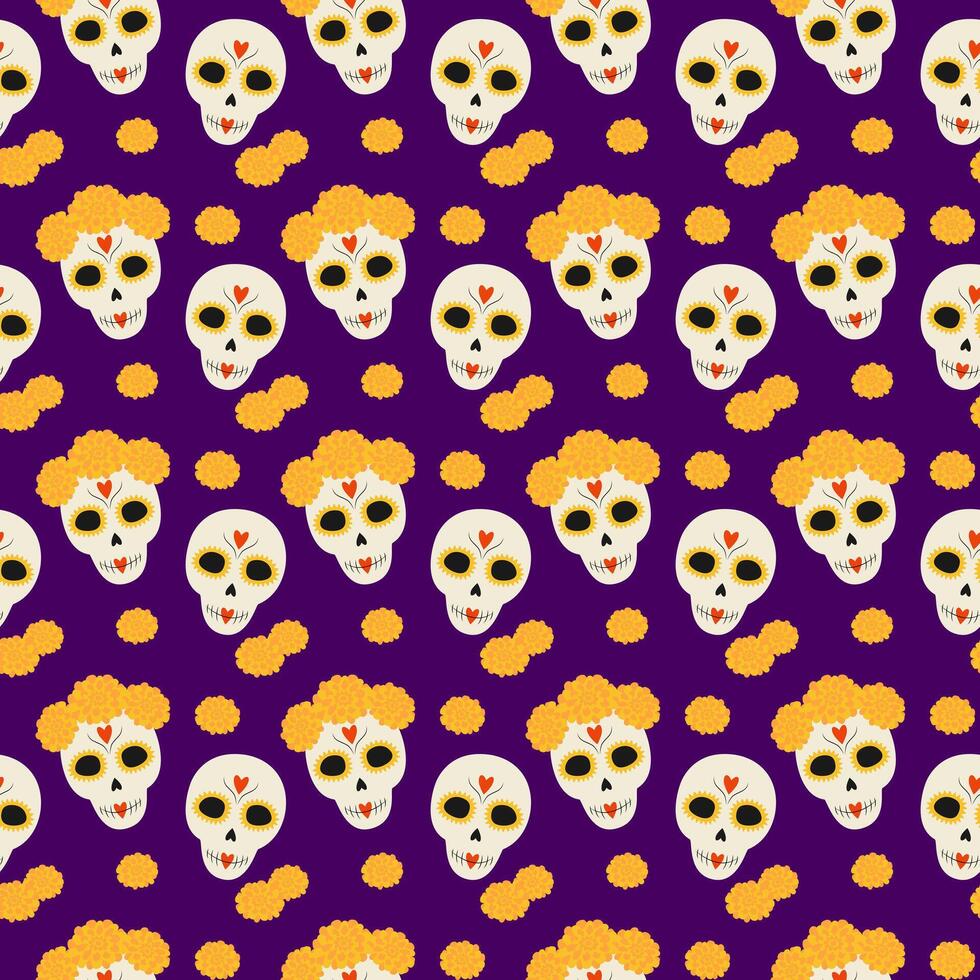 Sugar skulls with flowers in wreath Seamless pattern. Day of the dead Greeting background concept. illustration Wrapping, wallpaper or web, posters, banner, invitation cards, price tag, label vector