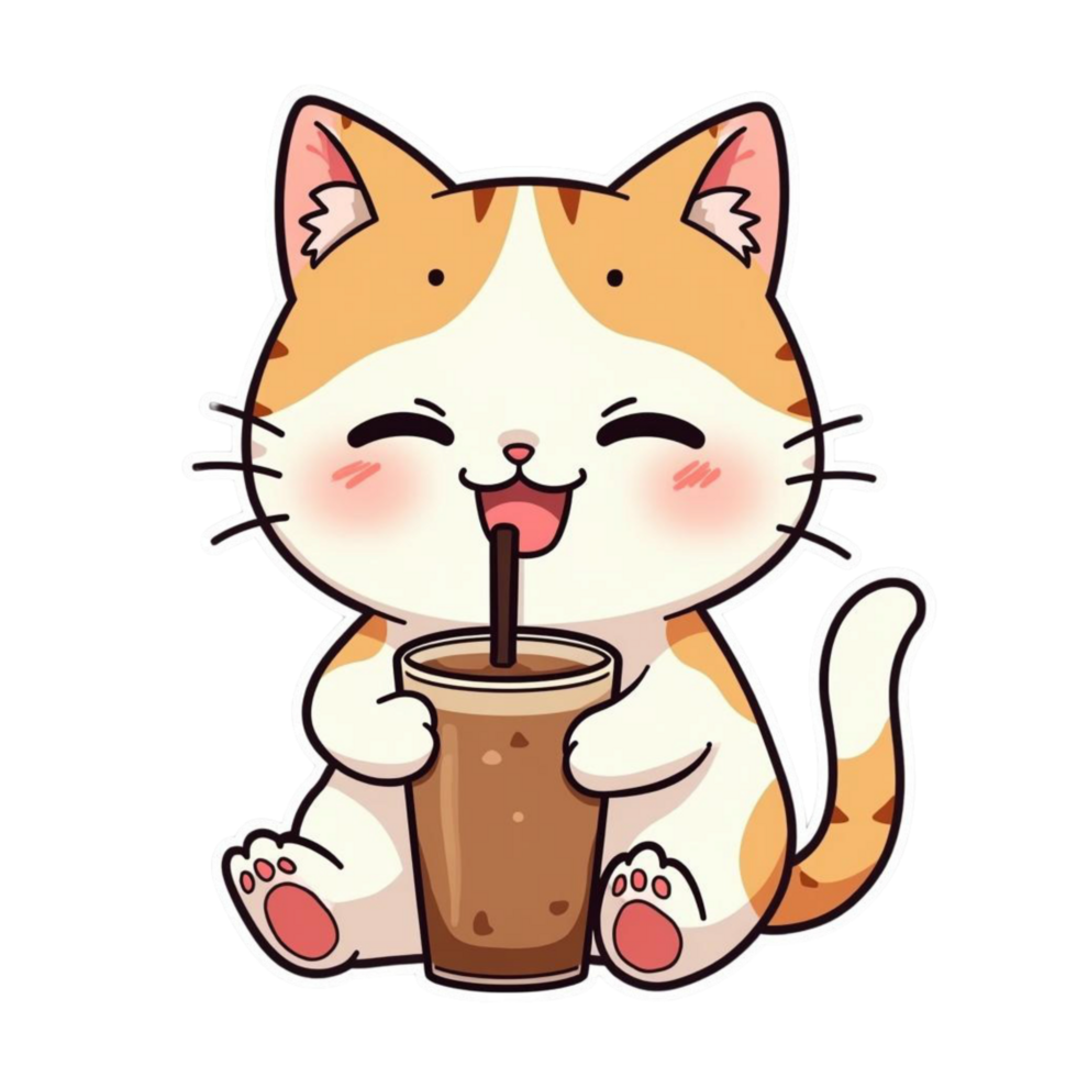 Cute cat drinking boba milk tea with closed eyes png