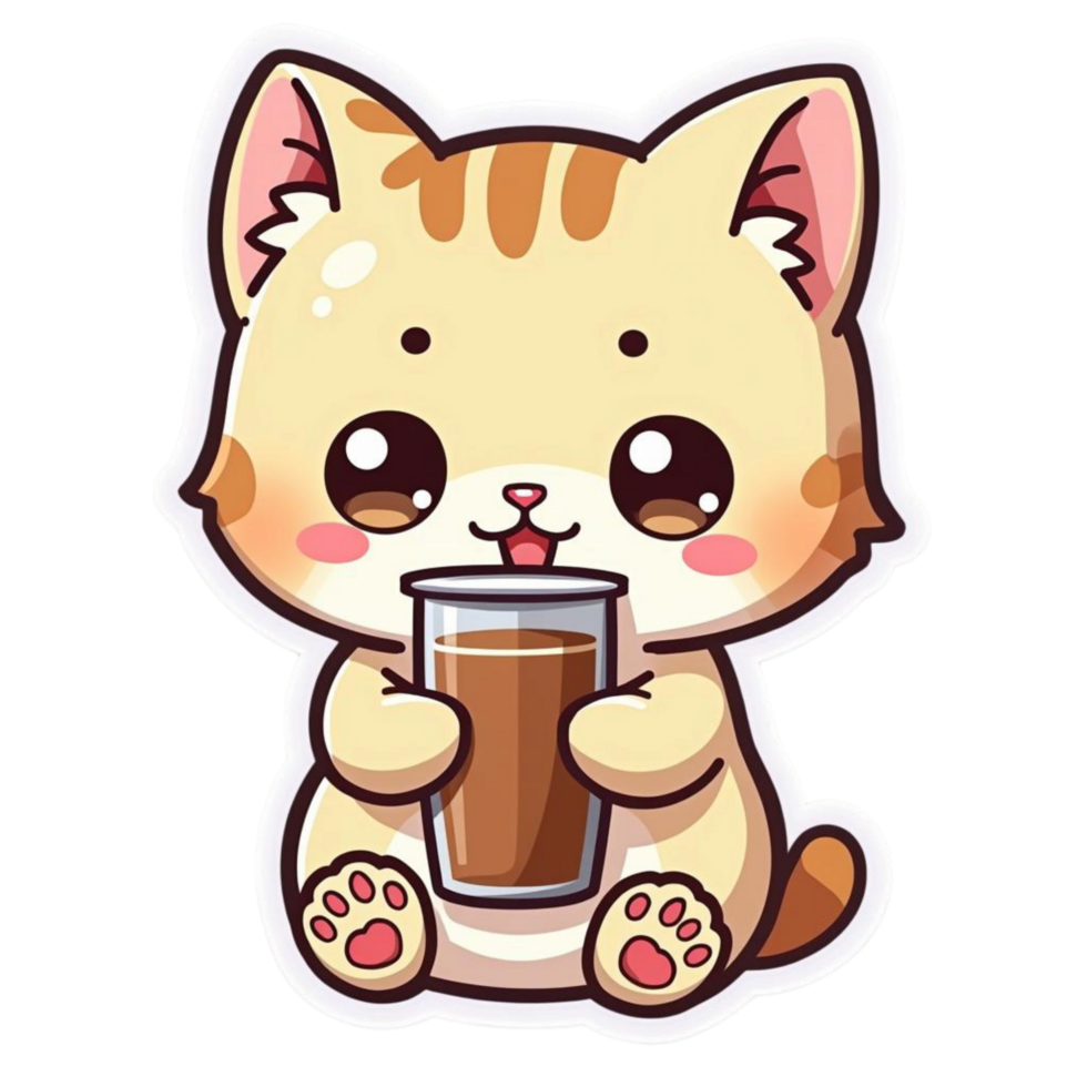 Happy cute cat with boba milk tea png