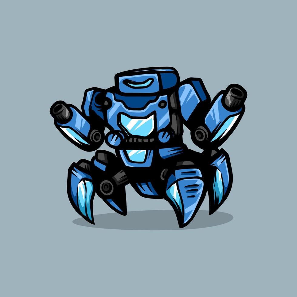 Cool blue robotic with four leg and plasma blaster technology line art sketch vintage design illustration vector