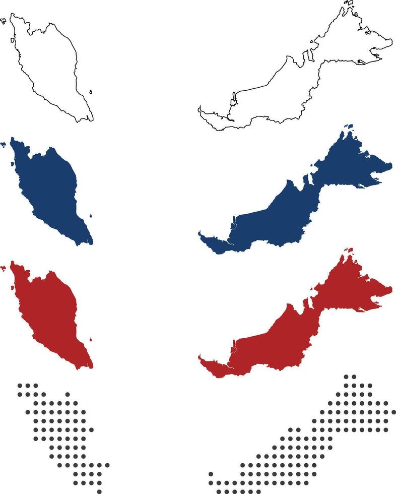 Malaysia map detailed in outline, blue, red, dotted style vector