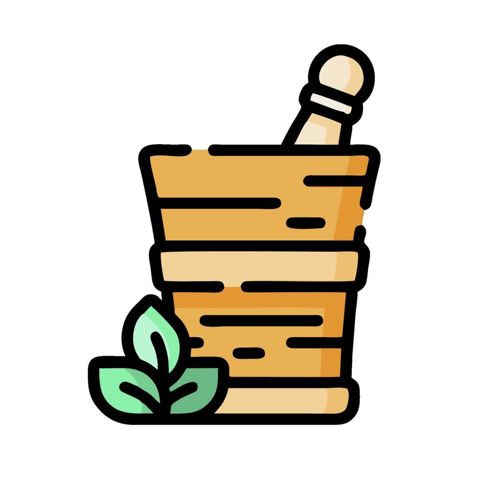 a mortar and pestle with leaves on it vector