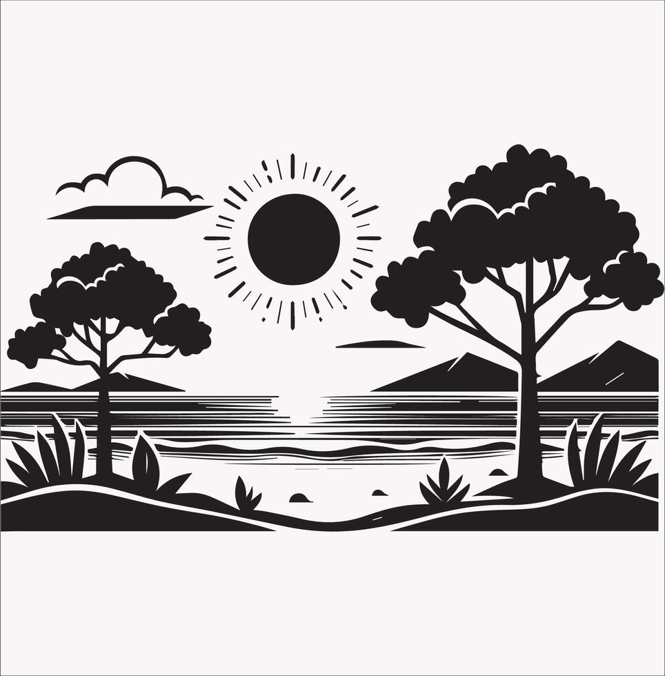 Landscape Drawing Silhouettes High Quality Art on White Background vector