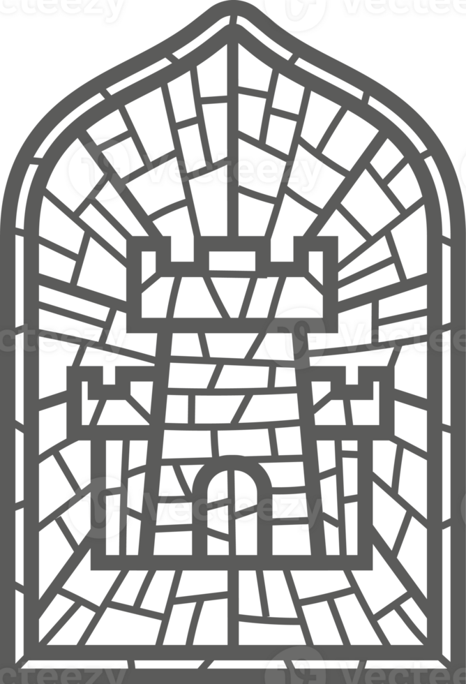 Church glass window. Gothic arch frame with medieval symbol. Vintage architecture element. Stained mosaic decoration with tower png