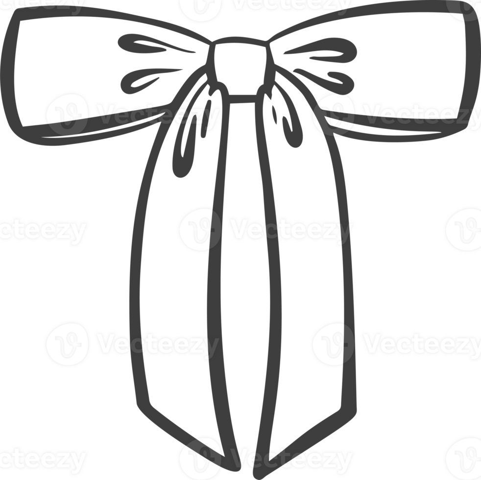 Ribbon bow and tie with knot for hair. Cute black doodle illustration. Vintage hand drawn outline decorative girly accessory. Fashion element for birthday and Christmas png