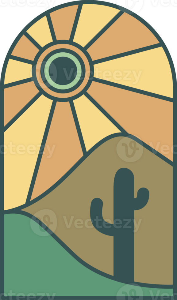 Boho logo with desert mountains and cactus. Bohemian minimal illustration. Abstract window with nature landscape. Arch with oasis hills and sunset. Aesthetic element png