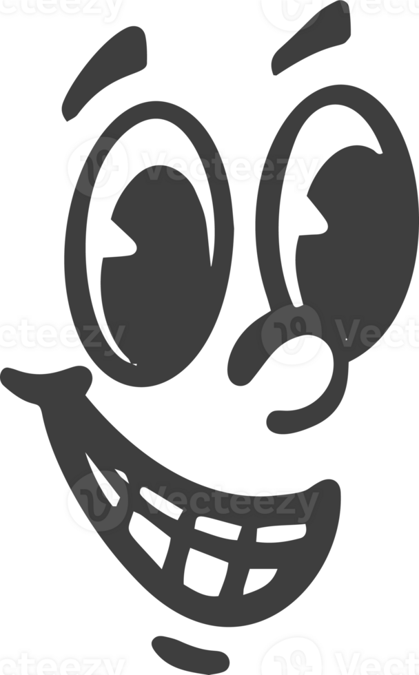 Cartoon retro face. Vintage mascot with comic cute eyes and mouth. Funny happy smiling character expression. 30-50s design emotions element. Simple caricature head png