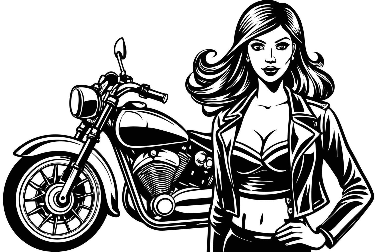 A woman with a motorcycle in front of her vector
