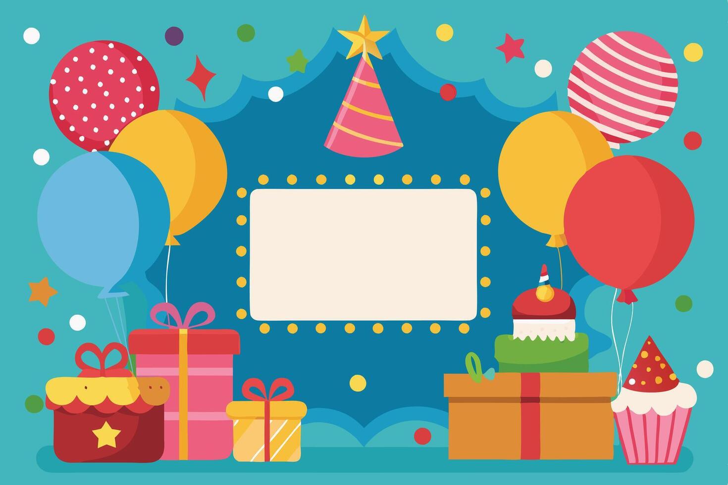Birthday card with balloons and gifts vector