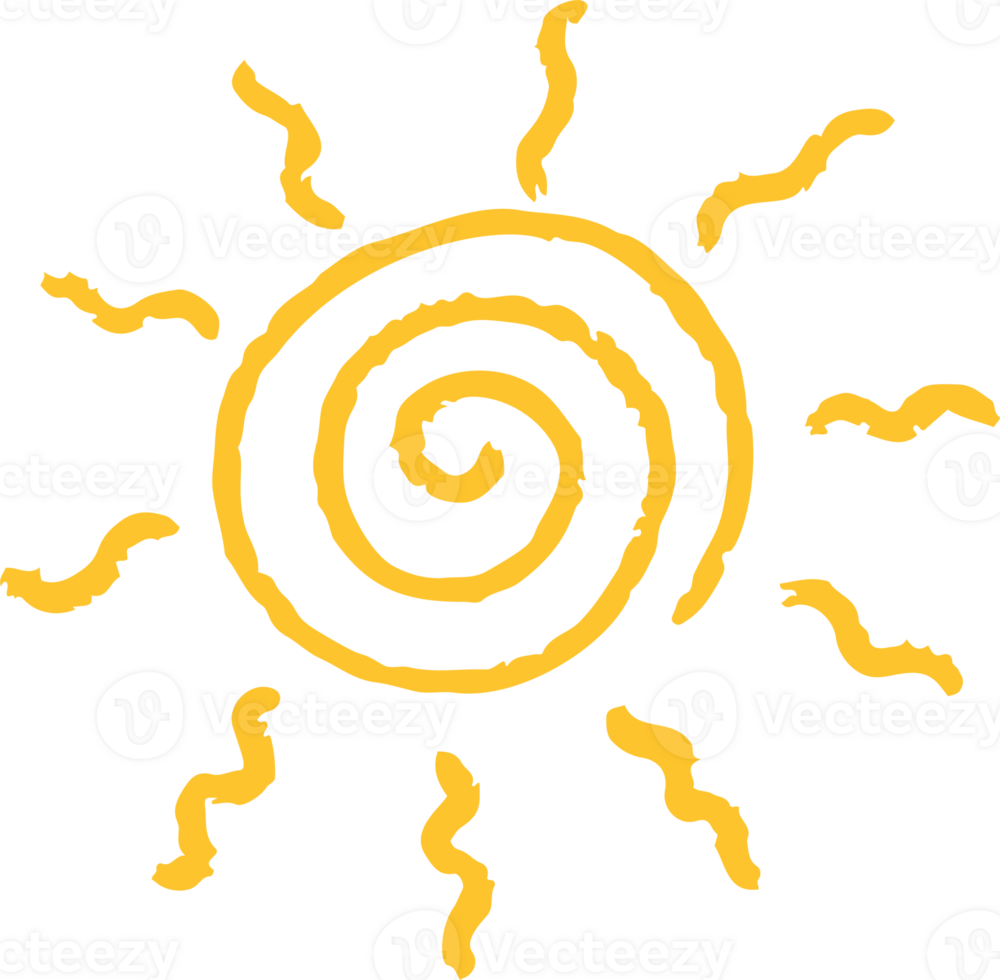 Sun doodle icon. Cartoon summer hand drawn abstract sketch. Cute grunge yellow symbol of sunset. Pencil spiral illustration. Chalk and crayon drawing. png