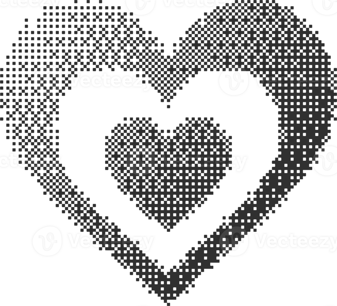 Bitmap pattern abstract heart shape. Halftone gradient element. Y2k graphic abstract icon. Dither noisy grunge texture. Symbol of love png