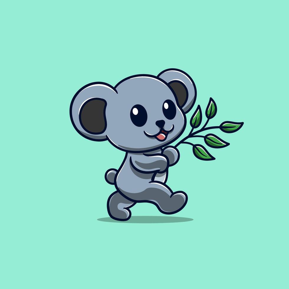 cute koala walking and holding eucalyptus cartoon vector