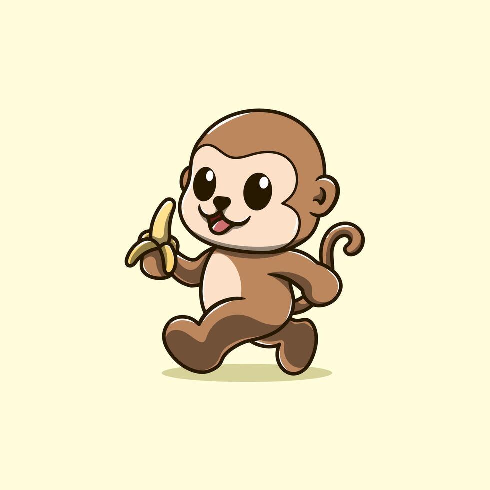 cute monkey walking while holding a banana vector