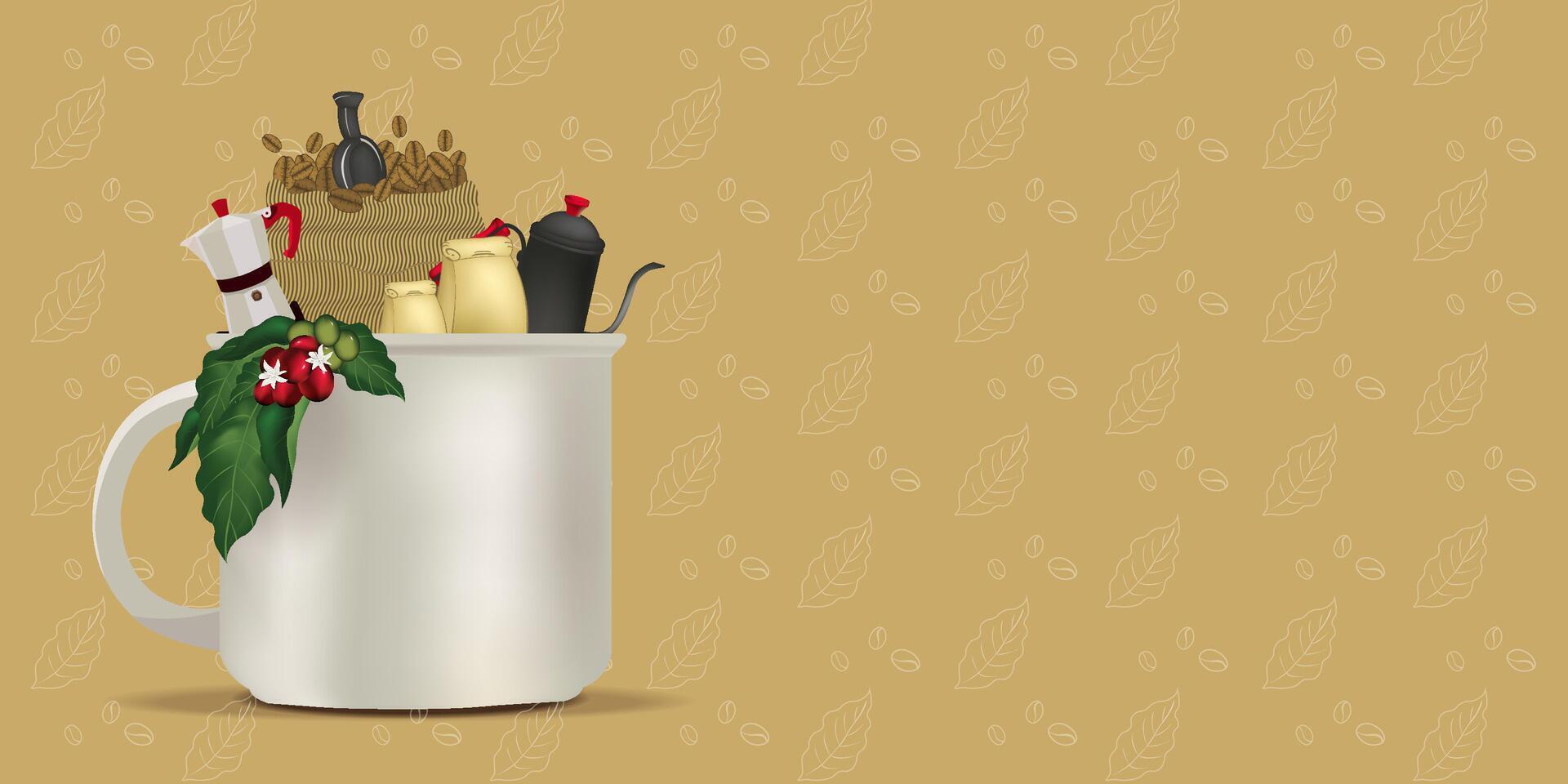Coffee leaves and beans and equipment in a cup of coffee vector