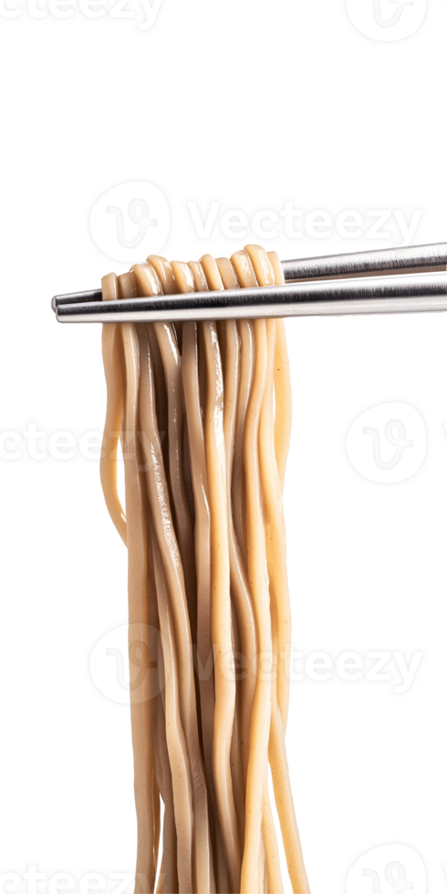 photo of stainless steel chopsticks lifting a delicate strand of thin noodles with smooth texture and shine, ideal for Asian cuisine themes, food blogs, restaurant menus, and culinary advertisements png