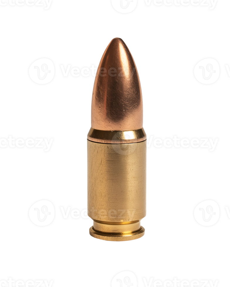 9mm handgun bullet with brass casing and copper tip isolated background png