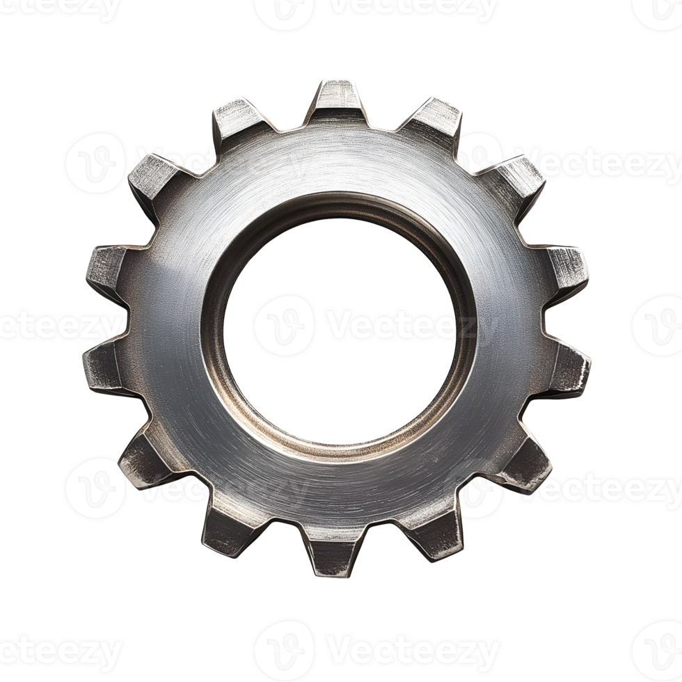 photo of a single metal gear with sharp teeth and a brushed steel finish, industrial machinery component for engineering, mechanical design, manufacturing, and automotive applications png