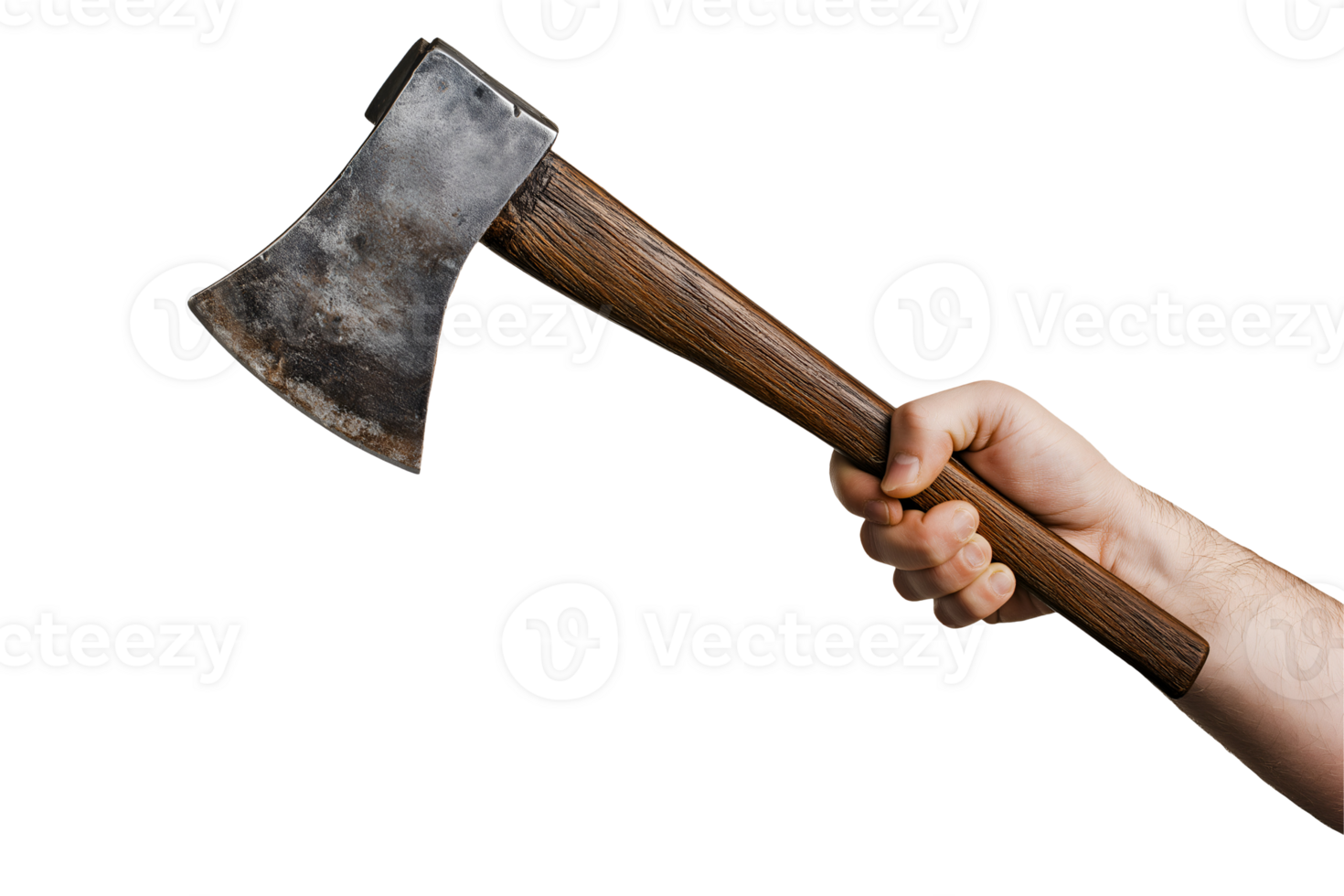 close-up photo of a hand gripping a short axe with a wooden handle and rusty metal blade on isolated background, symbolizing strength, survival, and tool use in woodworking or outdoor activities png