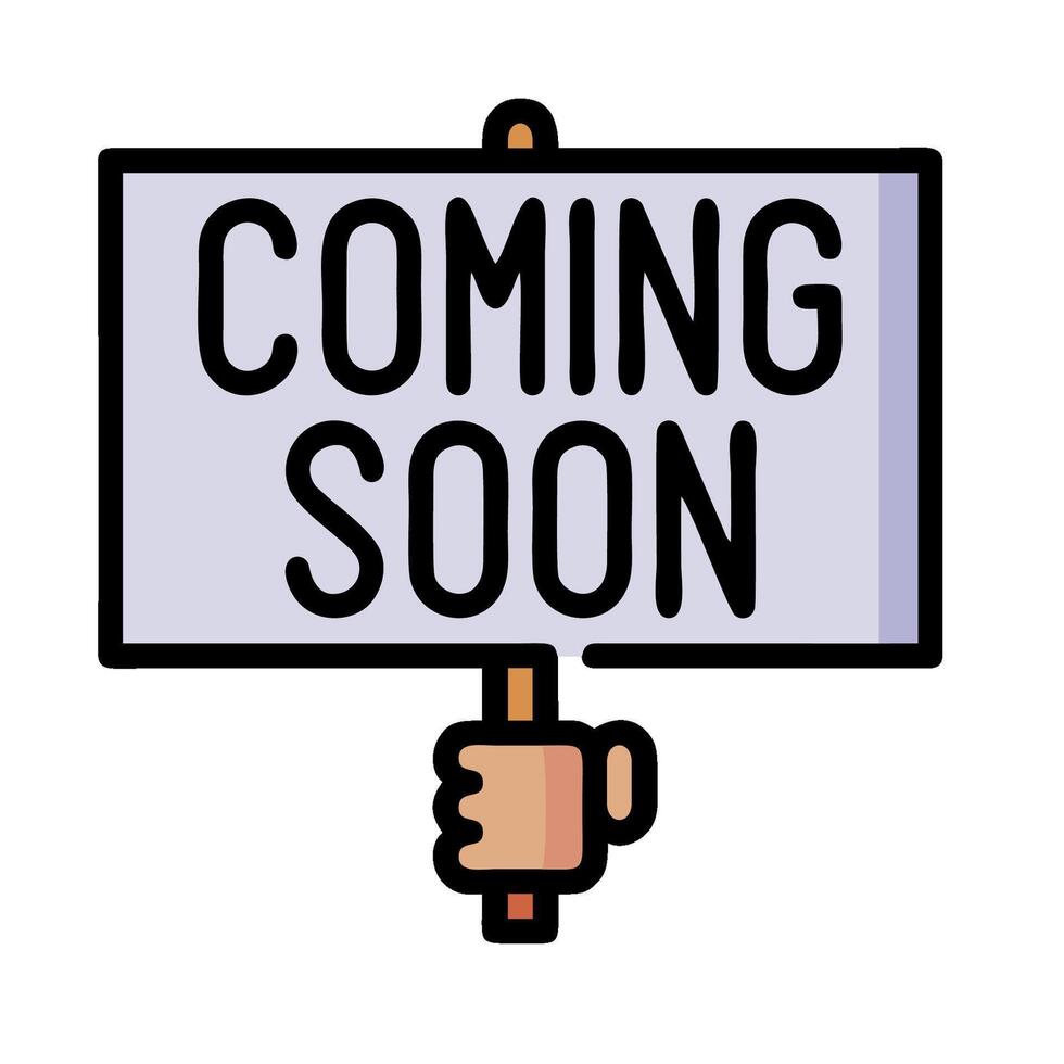 a hand holding a sign that says coming soon vector