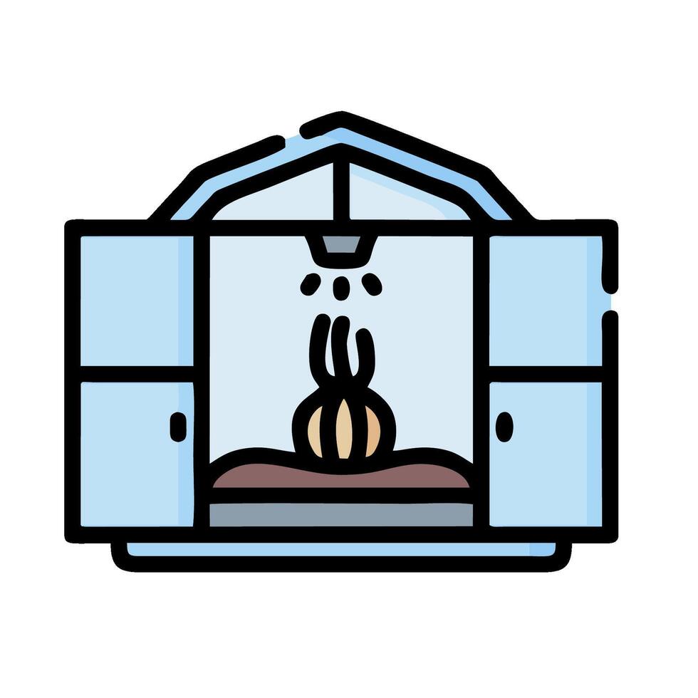 a house with a window and a bed inside vector