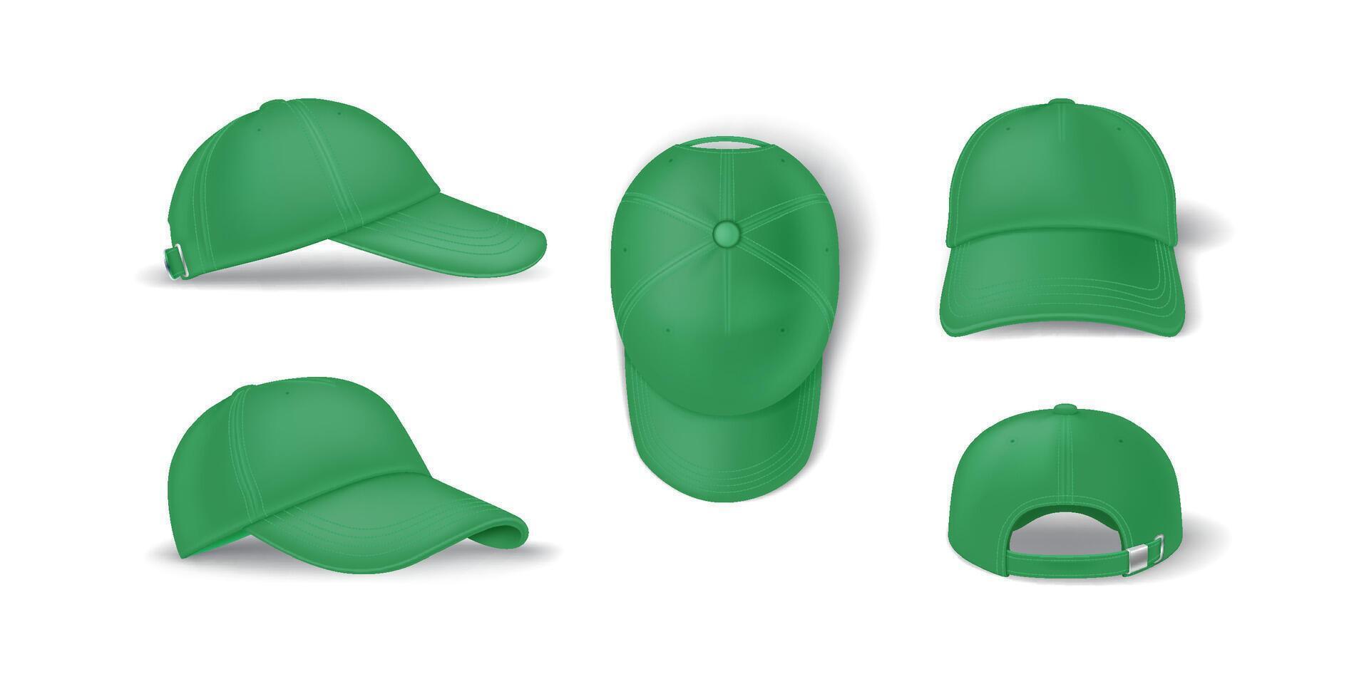 Casual green baseball cap mockup template realistic illustration set. Head clothing with brand template 3d models on white background vector