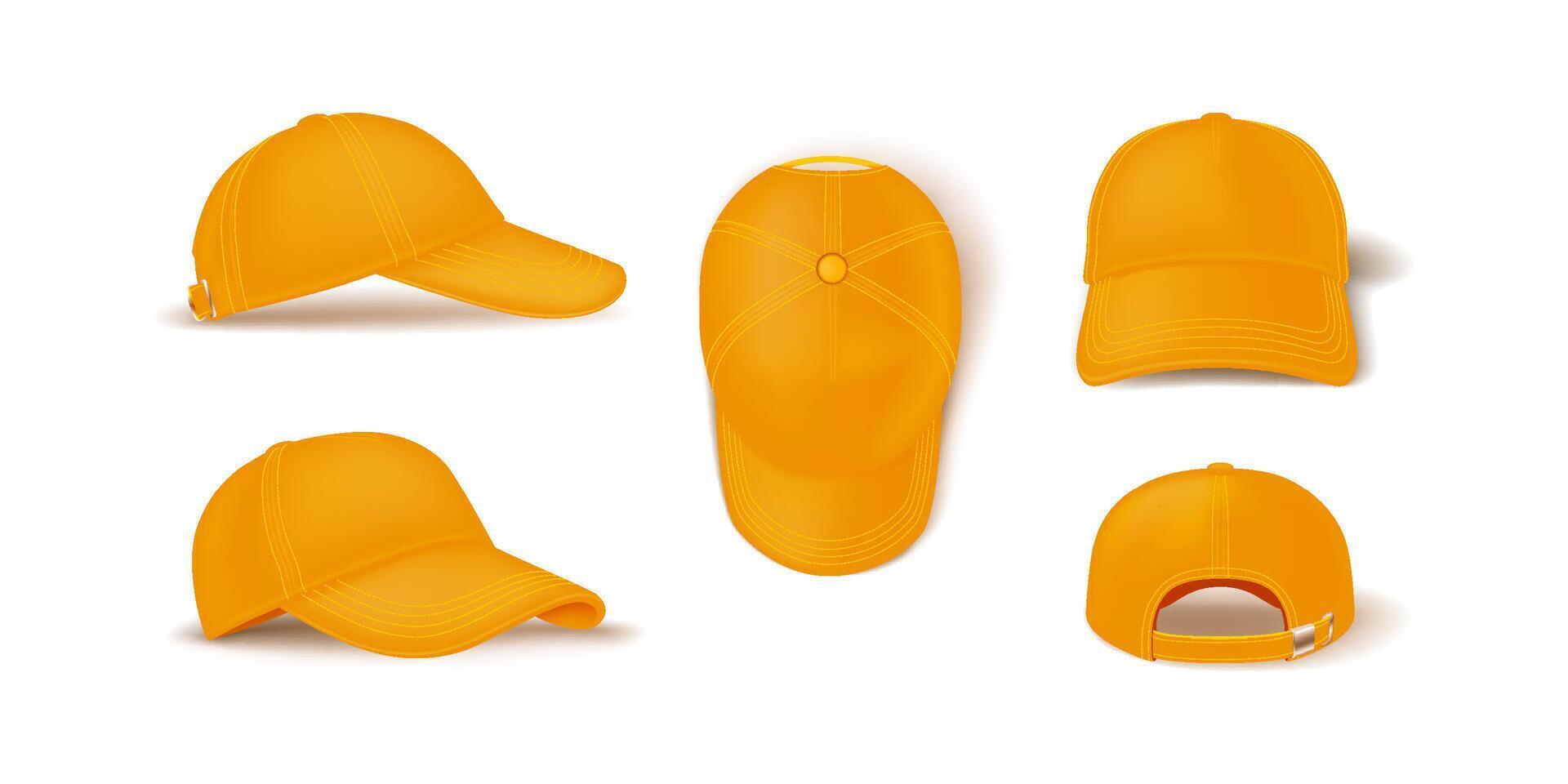 Logo yellow baseball cap various perspectives realistic illustration set. Hat clothing accessories with mockup 3d models on white background vector