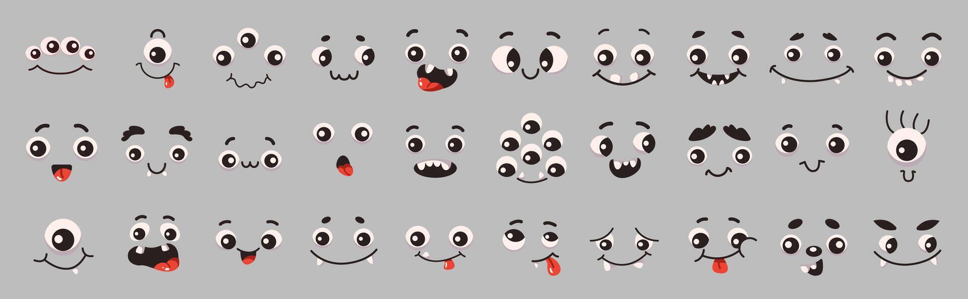 Funny monsters facial expression constructor flat color icon set. Weird creatures grimaces illustration pack on grey background vector