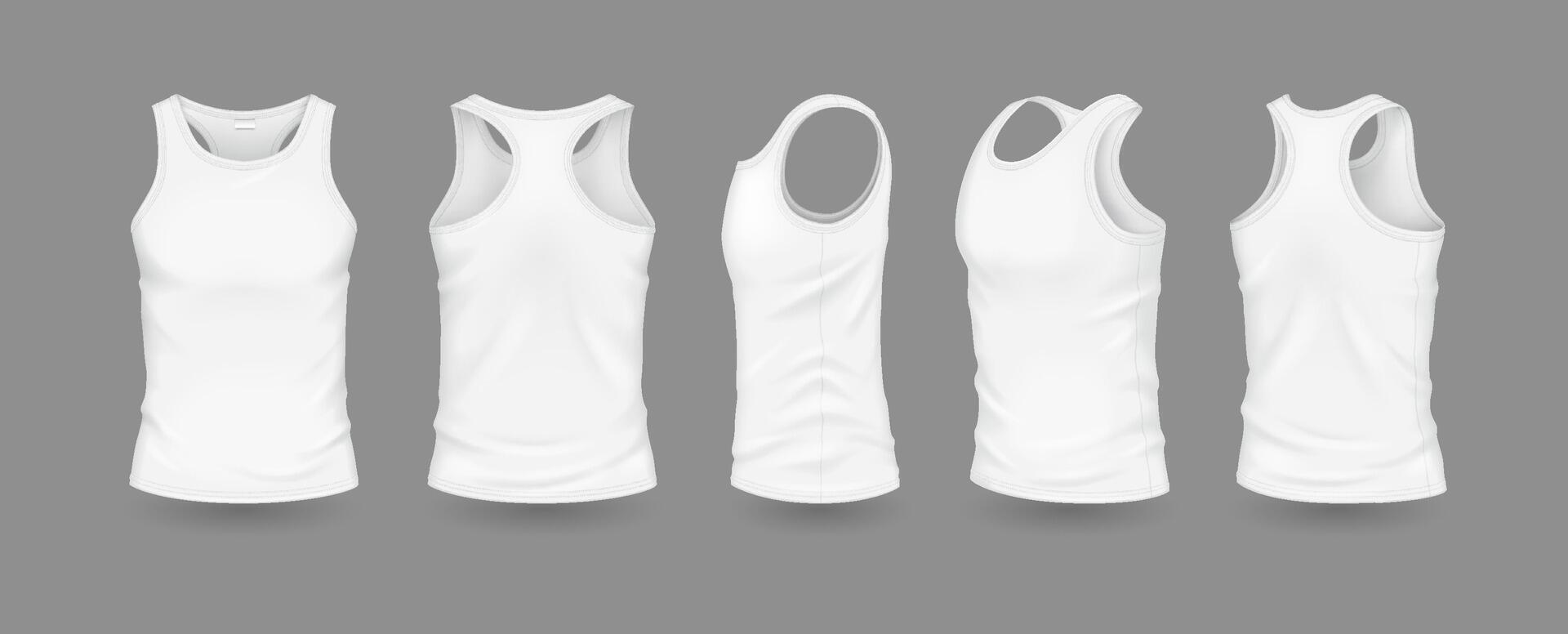 White men tank tops with brand mockup realistic illustration set. Sports apparel with design template 3d models on grey background vector