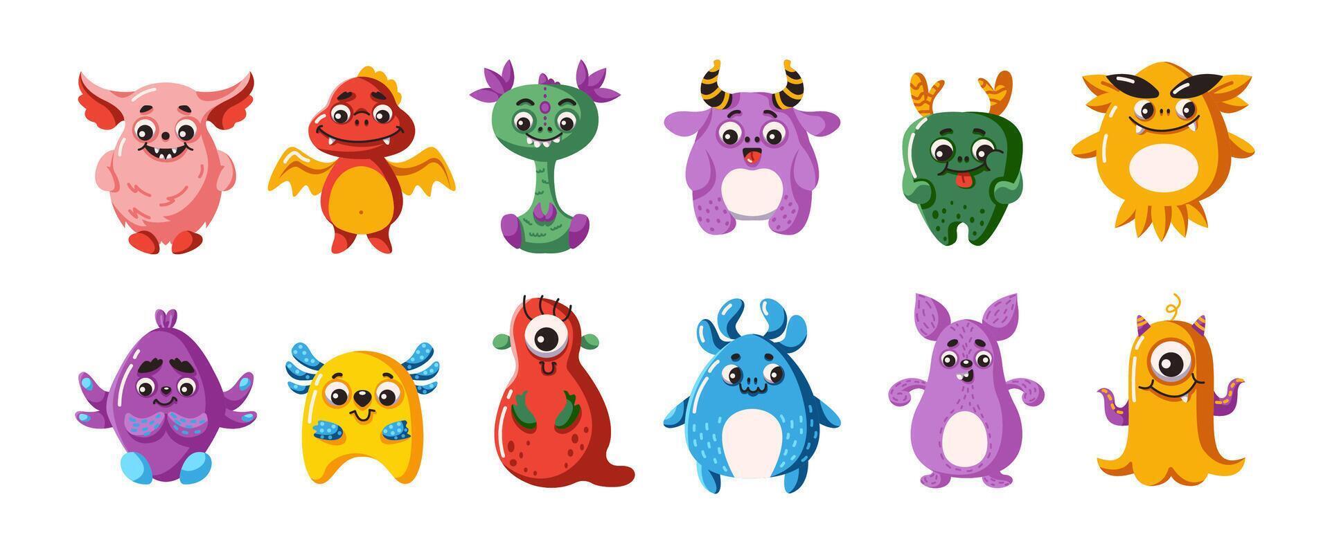 Clever alien creatures characters level color symbol set. Abnormal small animals from another measurement outline symbol pack on white vector