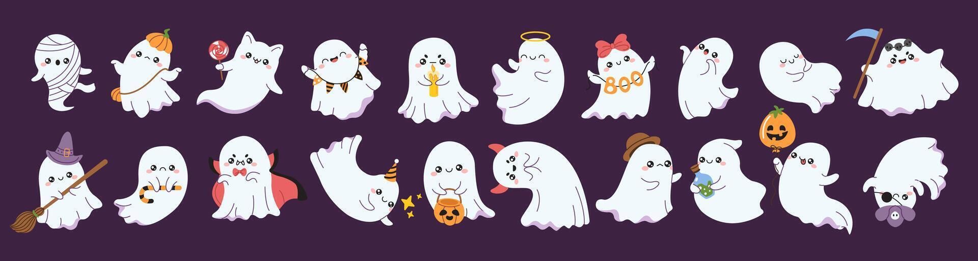 Cute ghosts Halloween characters flat color icon set. Funny spirits with clothes and accessories illustration pack on purple background vector