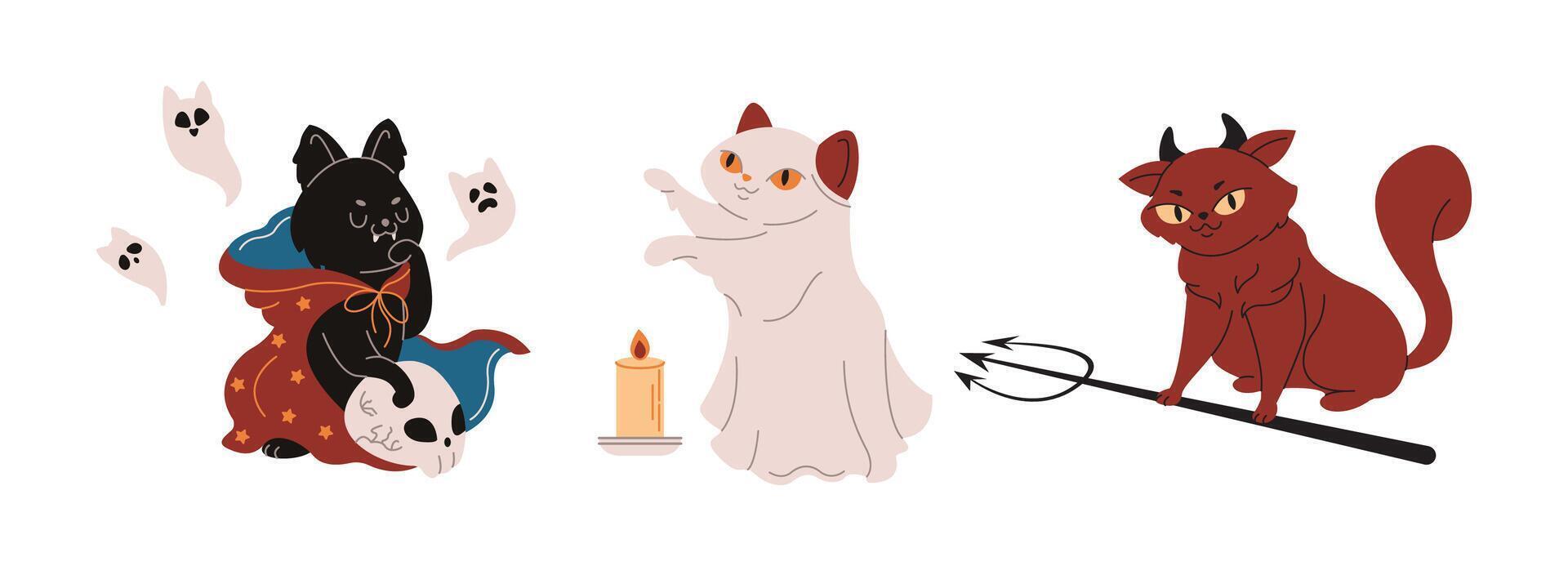 Halloween cats in costumes flat color characters set. Familiar pets as spooky monsters personages illustration pack on white background vector