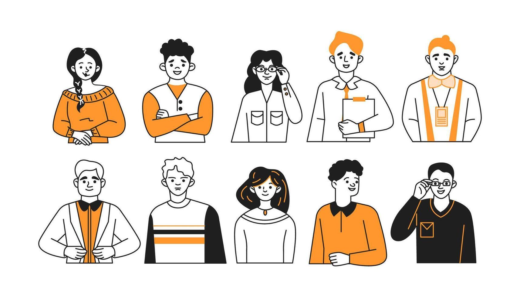 Different occupations avatars doodle line and color outline set. Masters in several businesses straight portray individuals collection vector