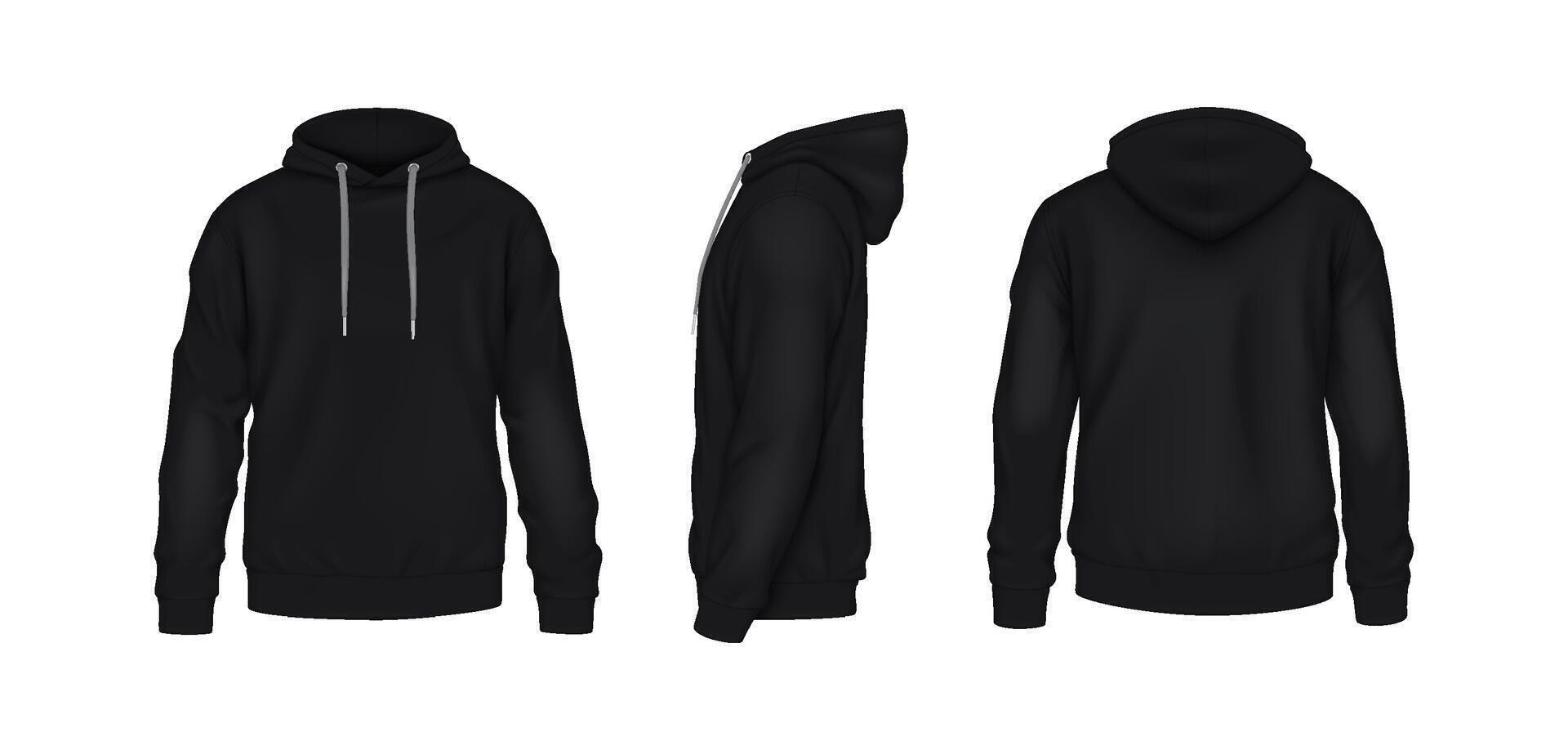 Black sportive hoodies with copy space realistic illustration set. Cozy clothing with design mockup 3d models on white background vector