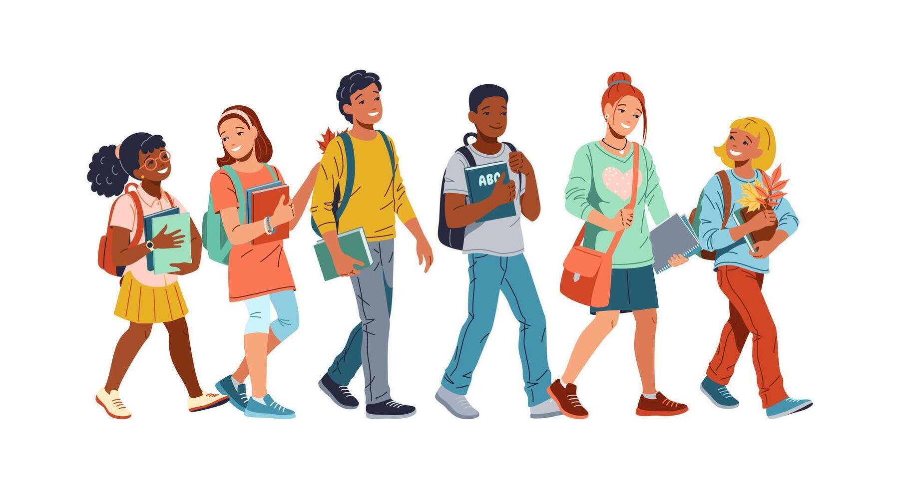 Happy diverse students with books flat color illustration. Teen children with schoolbags walk to school cartoon composition on white vector