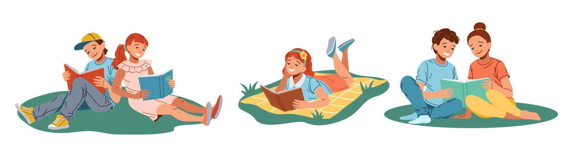 Happy children read books sitting on grass flat color icon set. Curious kids enjoy interesting stories illustration pack on white background vector