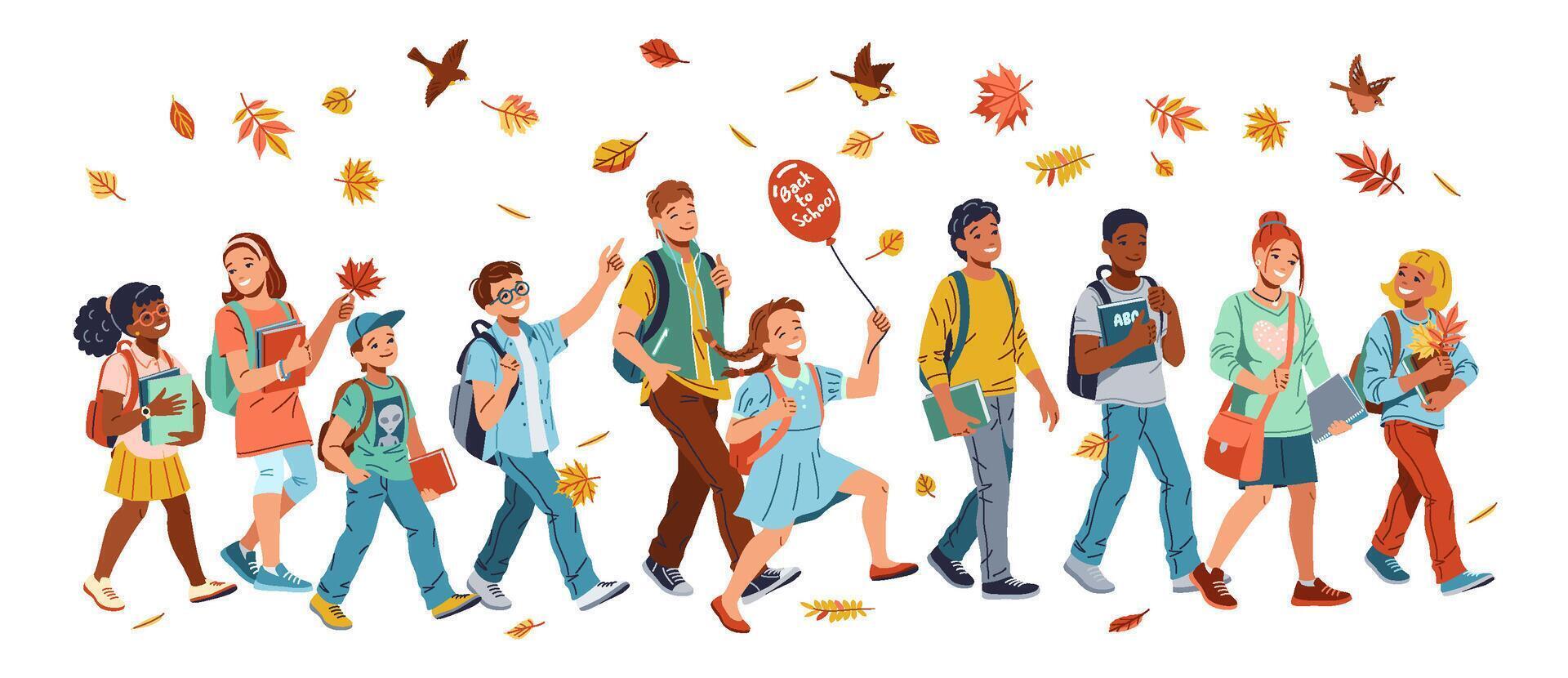 Happy students going to school flat color illustration. Children with schoolbags under falling autumn leaves cartoon composition on white vector