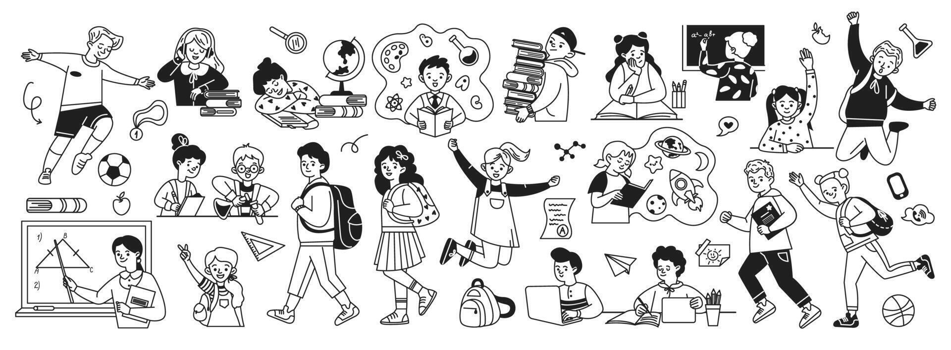 Happy students and teachers doodle line cartoon illustration set. Back to school with inspiration linear people collection vector