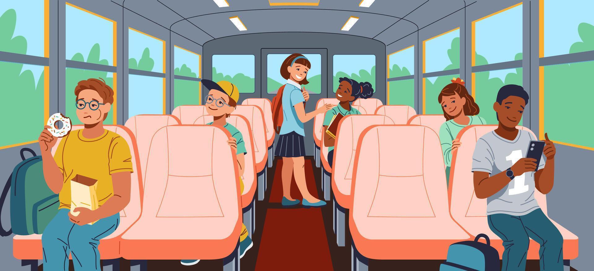 Multiracial students ride half-empty school bus flat illustration. Happy schoolchildren in vehicle 2D characters cartoon background. Back to School image vector