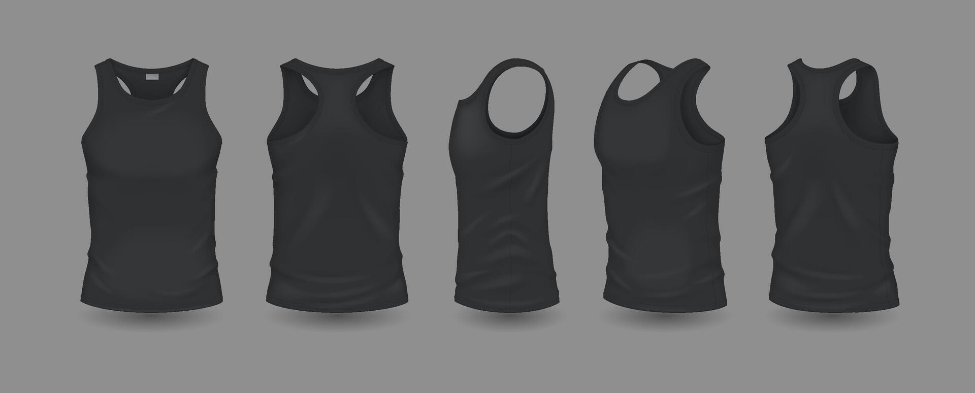 Black men sleeveless shirts with logo mockup realistic illustration set. Summer outfit with logo template 3d models on grey background vector