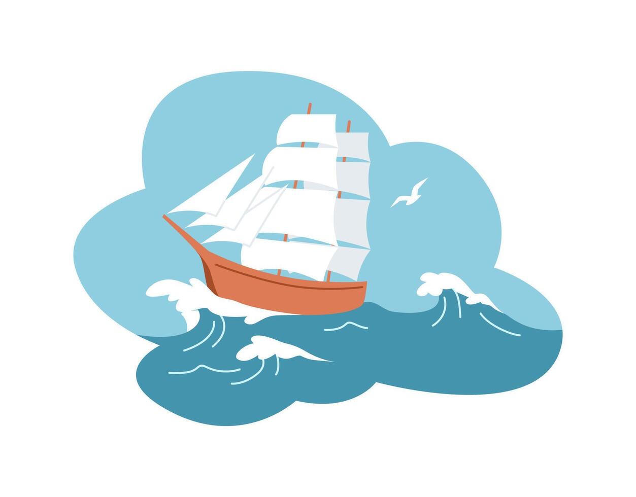 Ship with white sails drifts in foaming waves flat color icon. Concept of exciting sea adventure illustration on white background vector