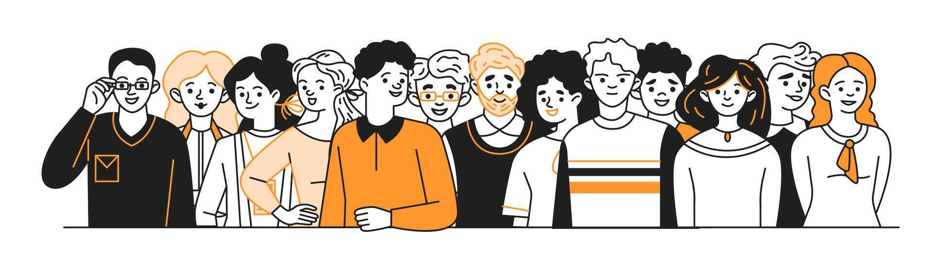 Businesspeople group doodle line and color illustration. Commercial company employees crowd linear sketch people composition vector