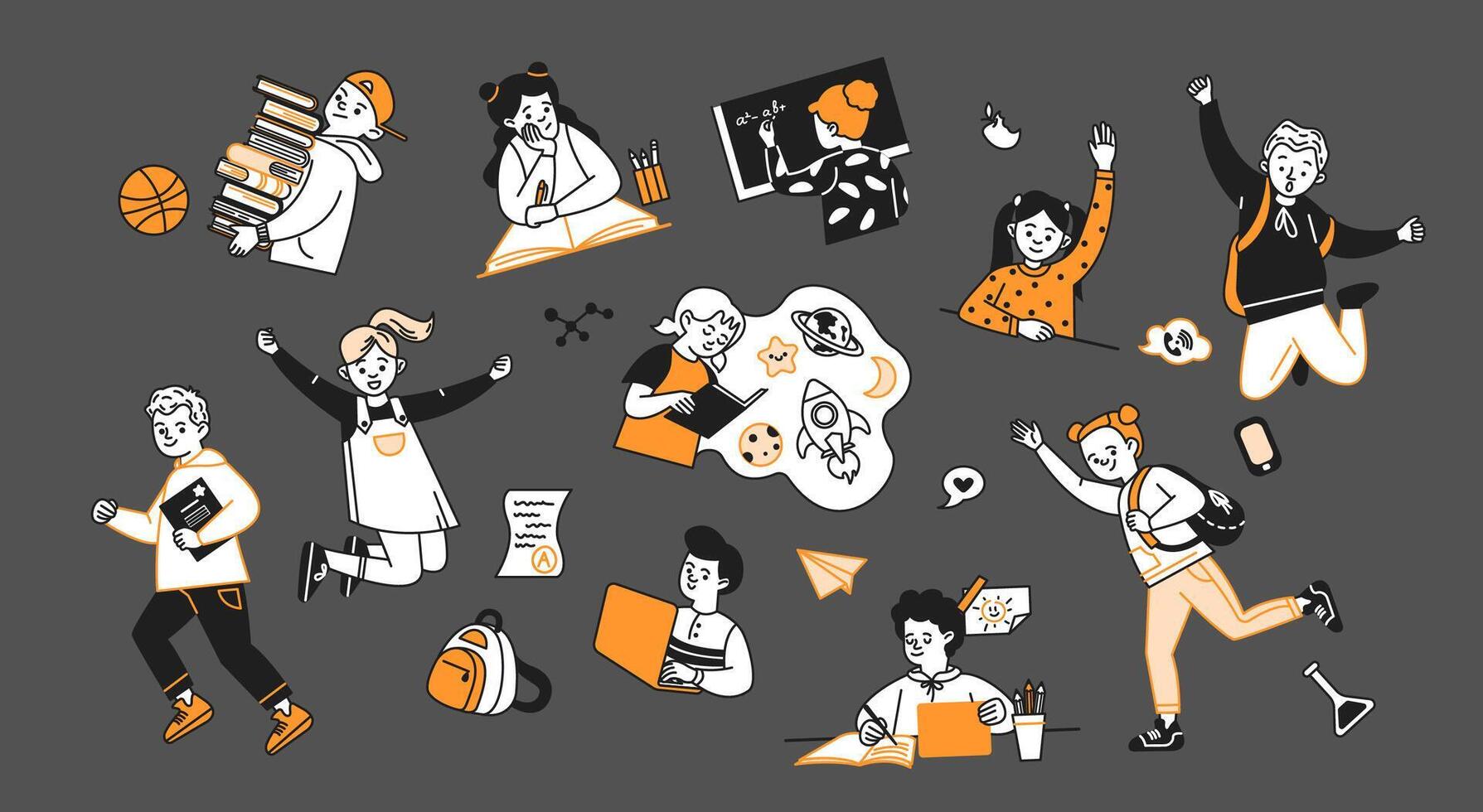 Cheerful understudies and educator doodle line and color outline set. Back to school instruction direct outline individuals collection vector