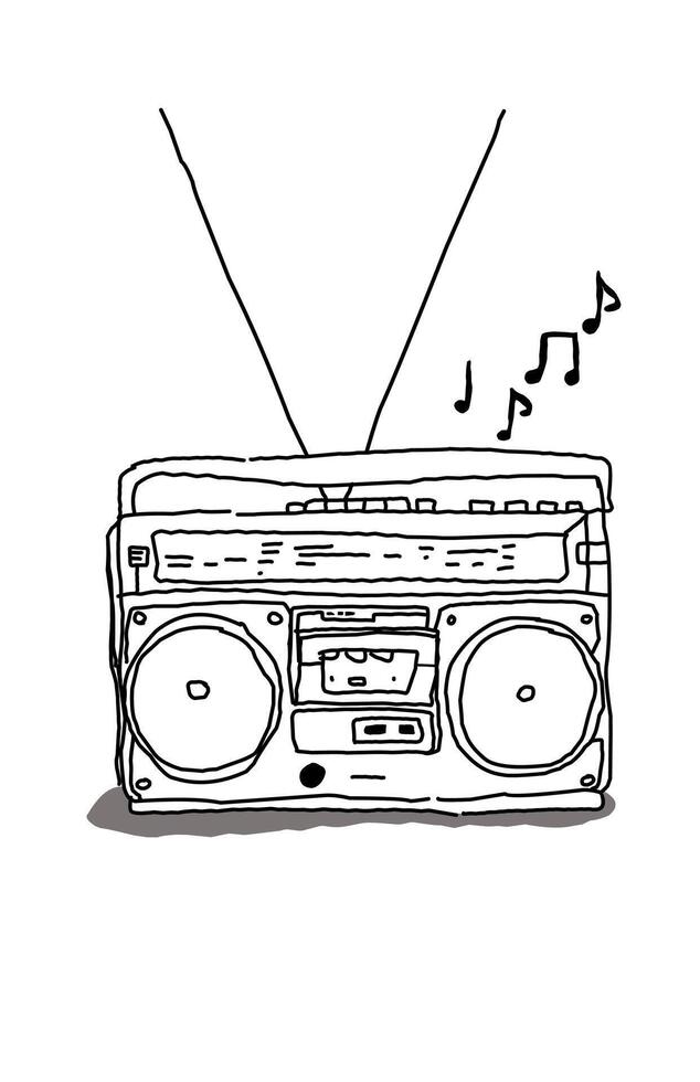 black and white line art of a vintage radio with musical notes issolated on white vector