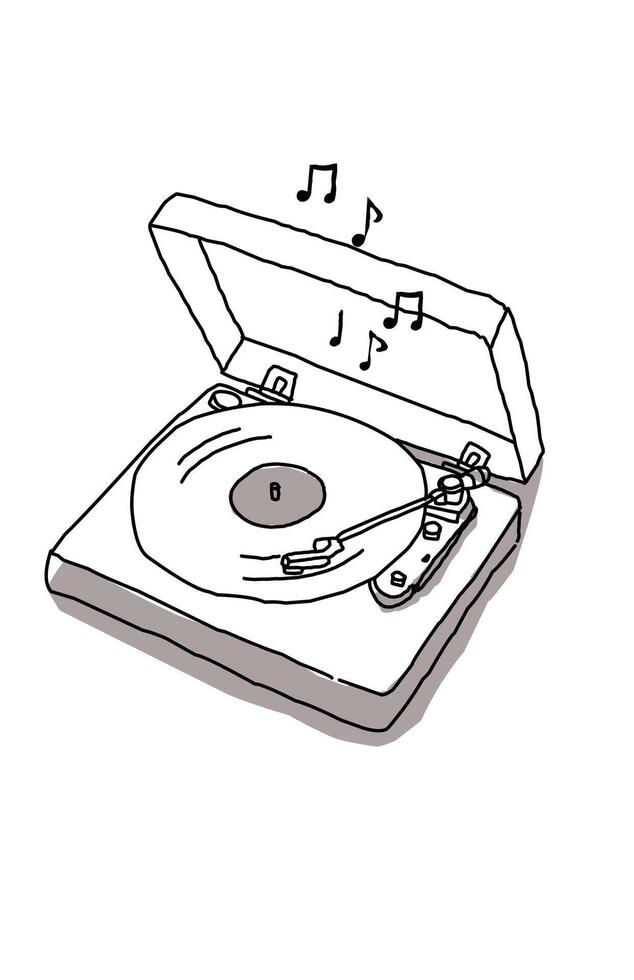 black and white line art of a vintage Gramophone with musical notes issolated on white vector