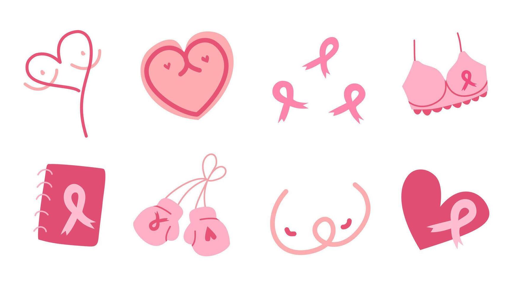 Set of doodles Breast cancer awarenes element in cartoon style vector