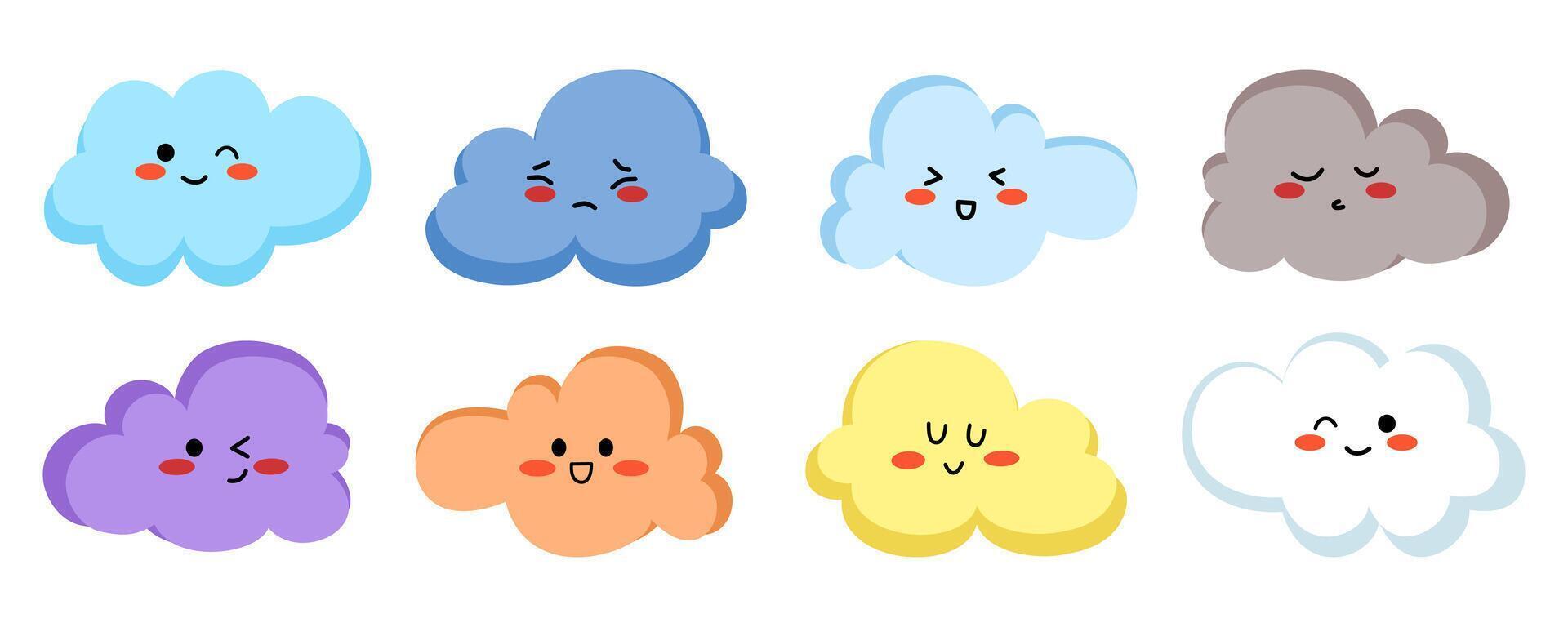 Set of colorful cartoon cloud in a flat design with cute facial expression vector