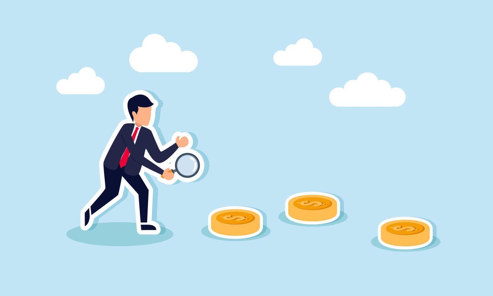 A businessman holding a magnifying glass investigating scattered dollar coins, illustrating the analysis of dollar valuation movements and dollar distribution vector