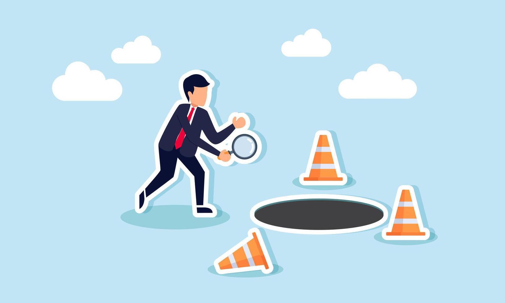 A businessman holding a magnifying glass investigating a hole, illustrating the analysis and evaluation of shortcomings in a business vector