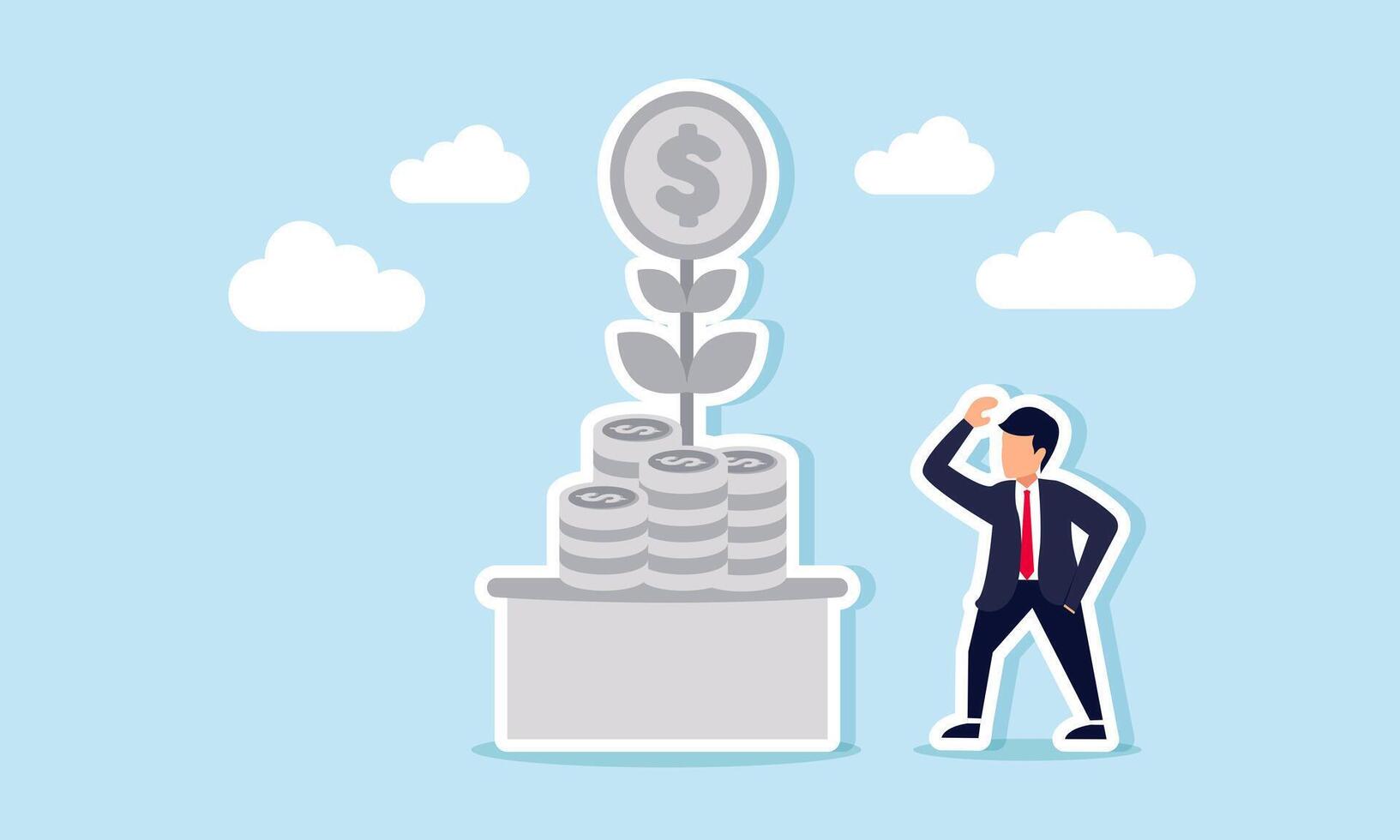 A businessman puzzled by a coin plant statue, illustrating a company's revenue seeming stagnant due to unproductive assets vector